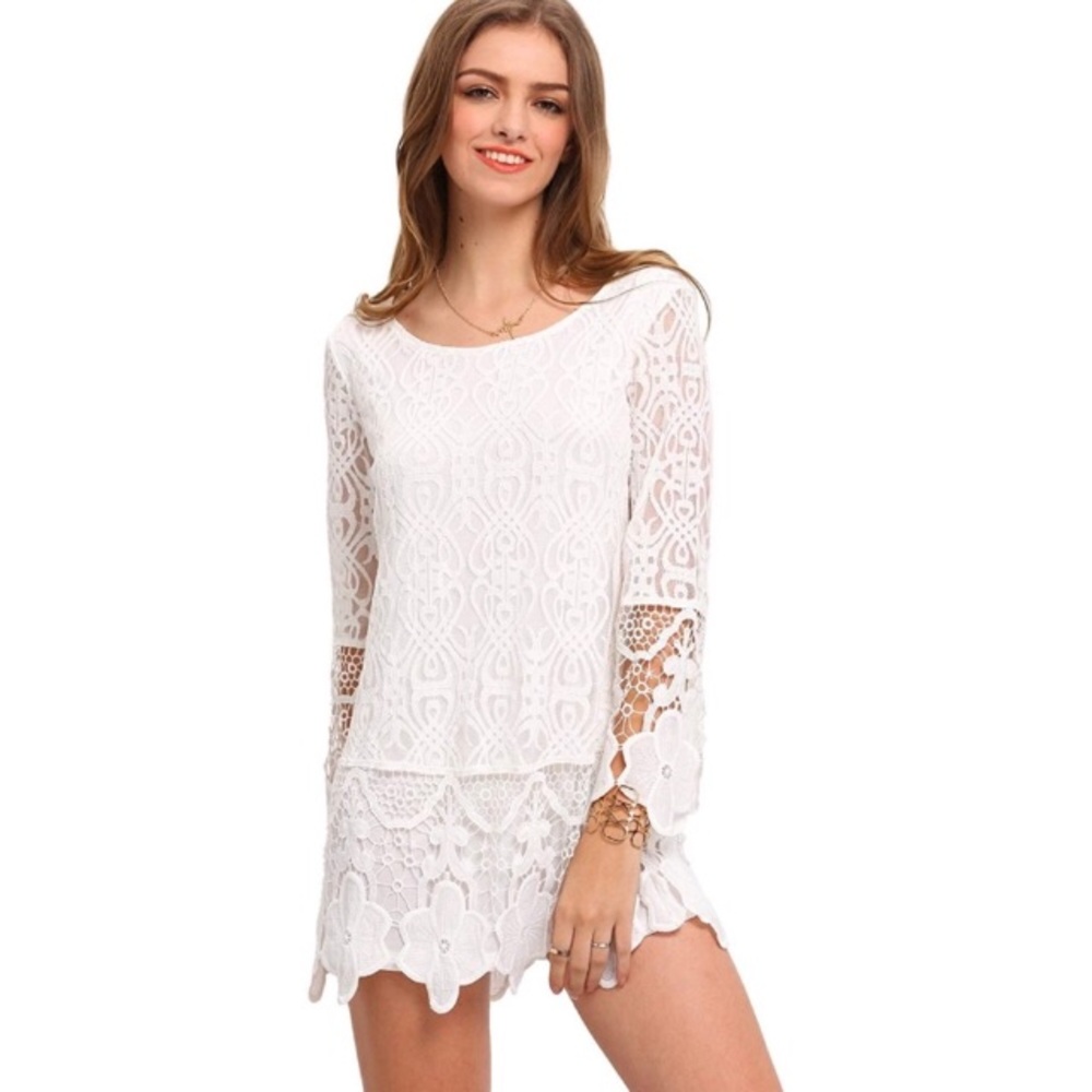 Boho All Over Floral Lace Overlay Shift Dress - Picture 4 of 7